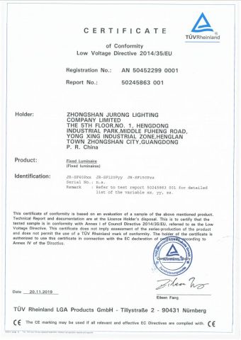 TUV-=CE certificate from Zhongshan Jurong Lighting company limited