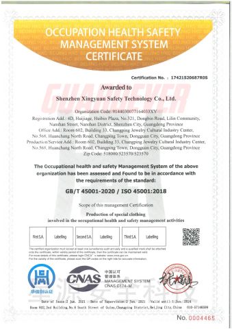 ISO 45001 certificate from Shenzhen Xingyuan Safety Technology Co., Ltd.