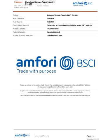 BSCI certificate from Shandong Kaiyuan Paper Industry Co., Ltd.