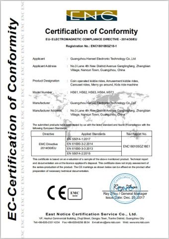 CE certificate of kiddie rides certificate from Guangzhou Hansel Electronic Technology Co., Ltd.