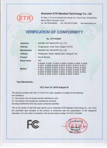 FCC Certificate of Sound chip certificate of Dongguan AST Industry Co., Ltd. – certificate photo, supplier certificates section