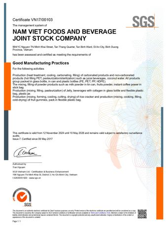 GMP certificate from NAM VIET FOODS AND BEVERAGE JOINT STOCK COMPANY