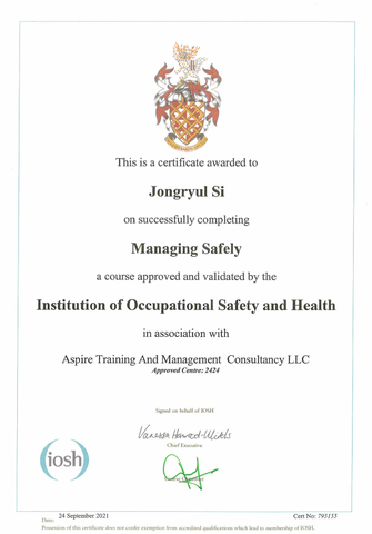 iosh Managing Safety certificate from Route One Global Co,. Ltd.