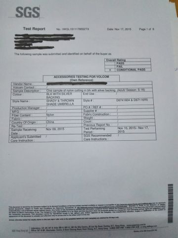 SGS UV TEST REPORT of HK CUSTOMER certificate from Heshan Xindonghua Umbrella Factory