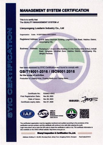ISO9001 certificate of LIANYUNGANG LOADARM INDUSTRY CO., LTD. – certificate photo, supplier certificates section