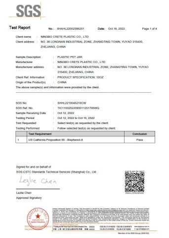 BPA FREE-SGS certificate of Ningbo Crete Plastic Co., Ltd. – certificate photo, supplier certificates section