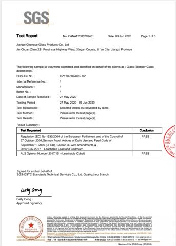 SGS LFGB Test Report (Page 1) for Blender Glass Jar certificate from Foshan Greafor Import and Export Co., Ltd.