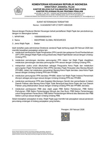SK Kemenhumkam certificate from PT Indoprime Global Resources