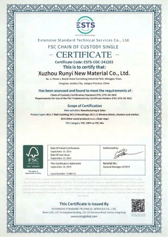 FSC certificate of Xuzhou Runyi New Material Co., Ltd. – certificate photo, supplier certificates section