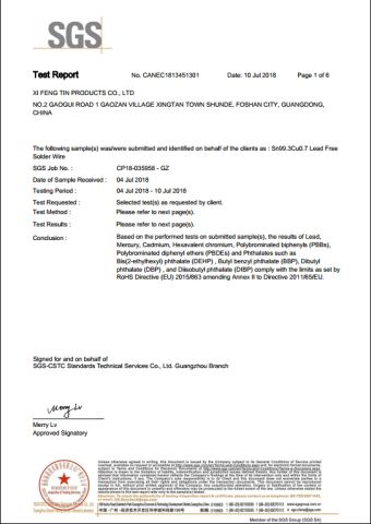 ROHS report of Sn99.3Cu0.7 certificate from Foshan Xi Feng Tin Products Co., Ltd.