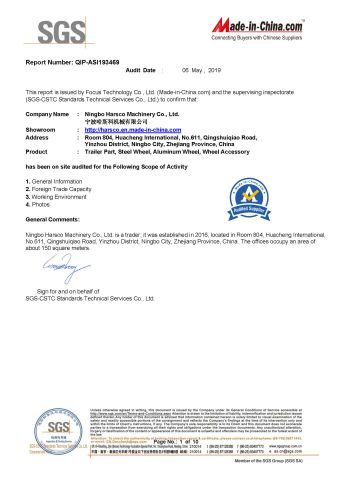 SGS Report certificate from Ningbo Harsco Machinery Co., Ltd.