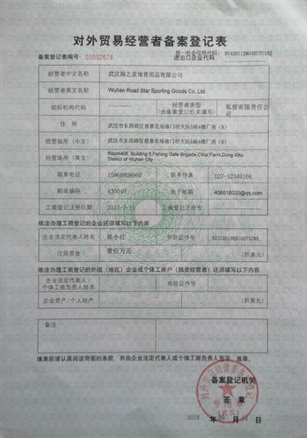 License Photo certificate from Wuhan Roadstar Sporting Goods Co., Ltd.