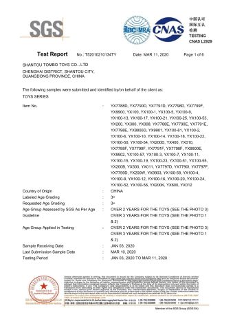 ASTM certificate from Shantou Tombo Toys Co., Ltd.