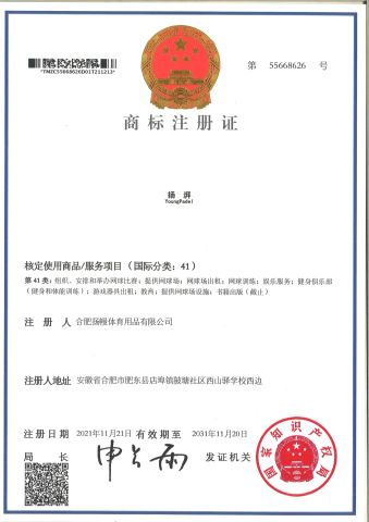 China Famous Brand " Young Padel " certificate from Hefei Youngman Sporting Goods Co., Ltd.