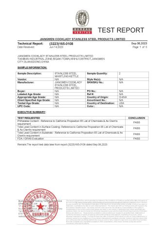 FDA/CA65 certificate of JIANGMEN COOKLADY STAINLESS STEEL PRODUCTS LIMITED – certificate photo, supplier certificates section