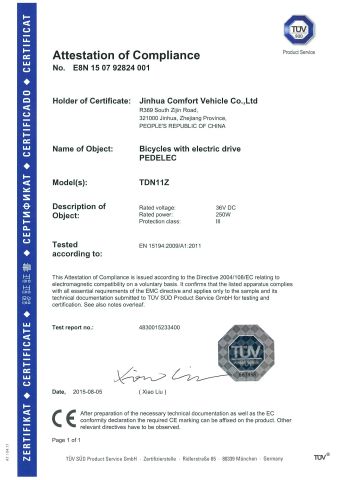 20inch Electric Folding Bike CE Certificate certificate from Jinhua Leichten Electric Technology Co., Ltd.
