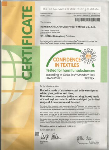 Certificate of Caslands bra adjuster certificate from Foshan Casland Garments Co., Ltd.