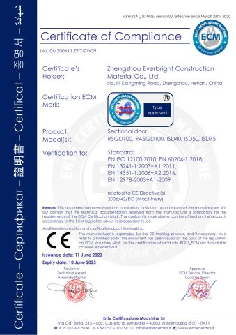 CE for SECTIONAL DOOR certificate from Zhengzhou Everbright Construction Material Co., Ltd.