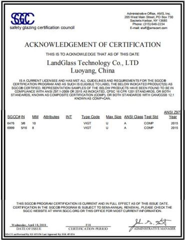 SGCC certificate from Luoyang LandGlass Technology Co., Ltd.