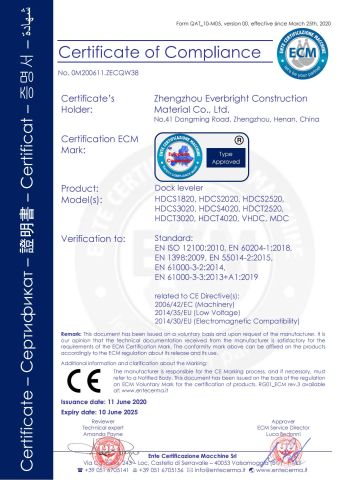 CE for dock leveler certificate from Zhengzhou Everbright Construction Material Co., Ltd.