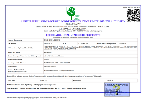 APEDA - INDIA certificate of N23 International – certificate photo, supplier certificates section