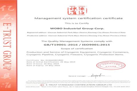 ISO9001 Cryogenic Products certificate from WOBO Industrial Group Corp.