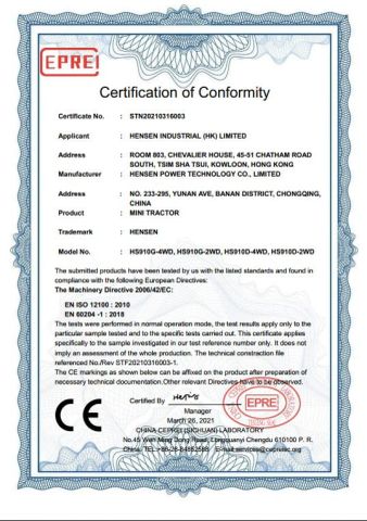 CE certificate for mini tractors certificate from HENSEN POWER TECHNOLOGY CO., LIMITED