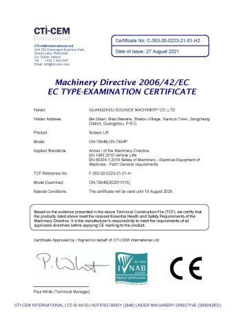 ALIGNMENT SCISSOR LIFT certificate of Guangzhou EOunice Machinery Co., Ltd. – certificate photo, supplier certificates section