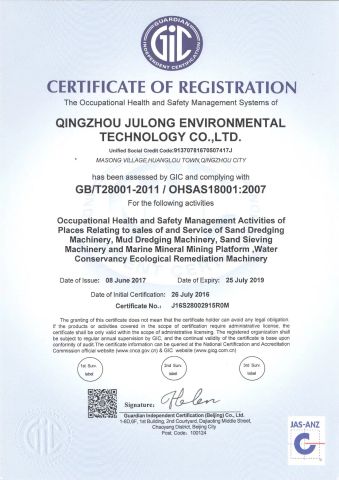 OHSAS18001:2007 certificate from Qingzhou Julong Environment Technology Co., Ltd.