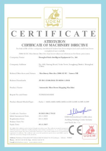 CE_Downflappingmachine certificate from Shanghai Fuda Down Fiber Filling Machine Co., Ltd.