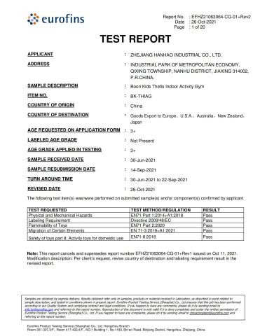 EN 71 part 1: 2014+A1:2018 certificate from Zhejiang Hanhao Industrial Co., Ltd.
