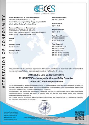 CE for Oil Free Air Compressor certificate from Taizhou Boyu Trading Co., Ltd.