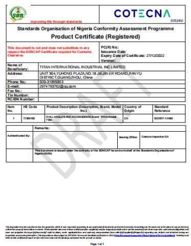 SONCAP certificate from Guangzhou Titan Commercial Co., Ltd.