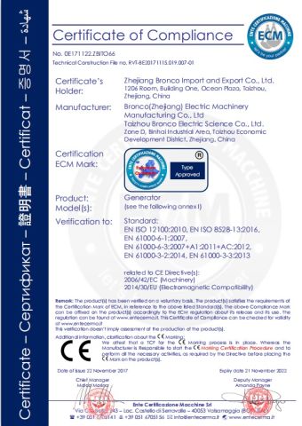 CE certificate of Taizhou Bronco Mechanical and Electrical Technology Co., Ltd. – certificate photo, supplier certificates section