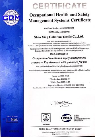 ISO45001 certificate from SHAOXING GOLD SUN TEXTILE CO., LTD.