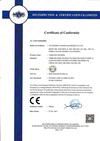 CE certificate of labeling machine certificate of Guangzhou Change Machinery Co., Ltd. – certificate photo, supplier certificates section
