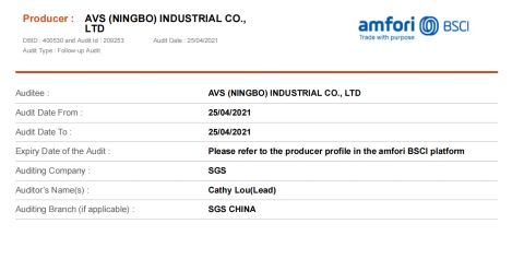 SGS certificate from Avs (Ningbo) Industrial Co., Ltd.