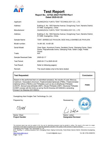 Certificate of Compliance certificate from Guangzhou Yuntu Tent Technology Co., Ltd.