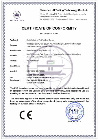 CE EMC of PET HAIR BLOWER certificate of Bests Industrial and Trading Co., Ltd – certificate photo, supplier certificates section