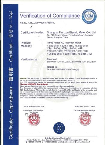 CE certificate from Shanghai Pinnxun Electric Motor Co., Ltd.