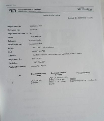 FBR certificate from Last Stone Sports