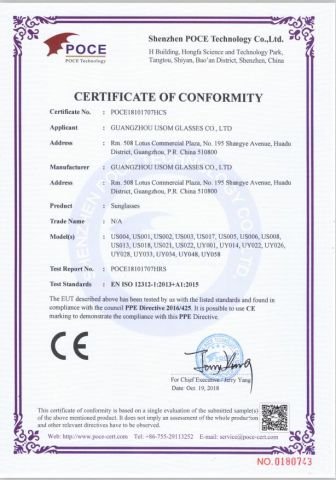 Ce certificated for sunglasses certificate from Guangzhou USOM Glasses Co., Ltd.