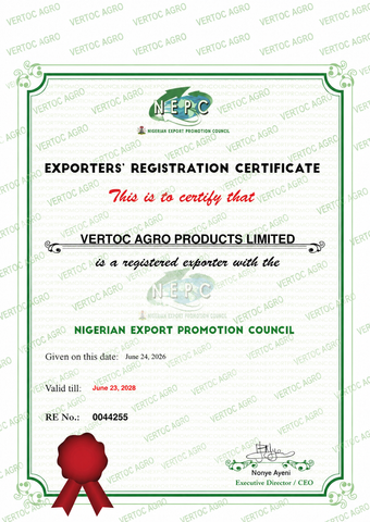 Nigeria Export Promotion Council Certificate certificate from Vertoc Agro Products Limited