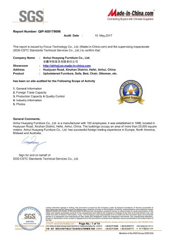 SGS certificate of Anhui Huayang Furniture Co., Ltd. – certificate photo, supplier certificates section