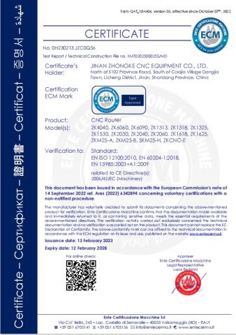 CE for cnc router machine certificate of Jinan Zhongke CNC Equipment Co., Ltd. – certificate photo, supplier certificates section