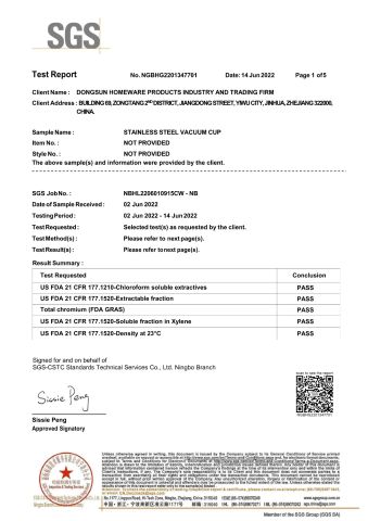 FDA certificate of Dongsun Homeware Products Industry and Trading Firm – certificate photo, supplier certificates section