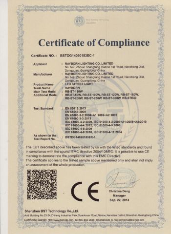 LED Street Light certificate from Rayborn Lighting Industry Co., Ltd.