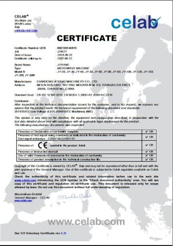 CE for Microwave Equipment certificate from SHANDONG JOYANG MACHINERY CO., LTD.