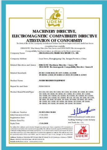 CE Water Treatment System certificate of Zhangjiagang Fillers Machinery Co., Ltd – certificate photo, supplier certificates section