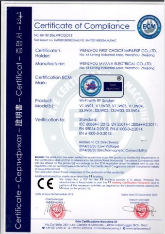WiFi with RF SOCKT certificate from Wenzhou Mvava Electrical Technology Co.,Ltd